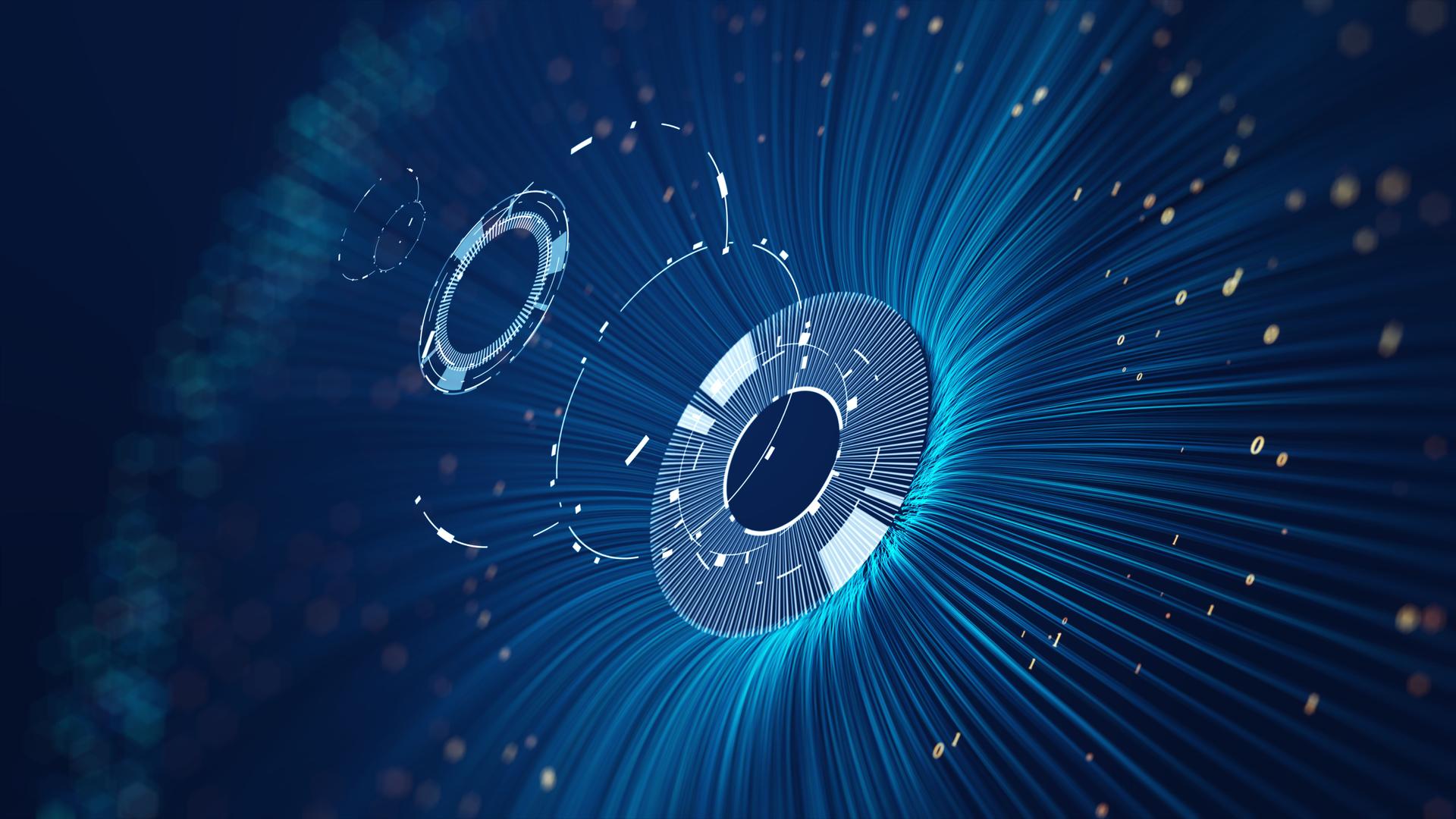 Abstract futuristic digital technology eye in dark blue.